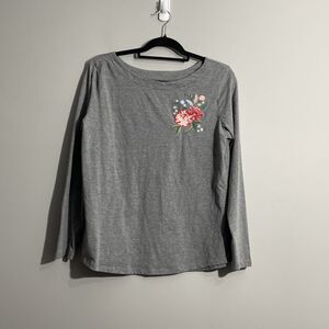 St. John’s Bay Women’s L Gray Floral Embroidered Boat Neck Top Soft Cottagecore